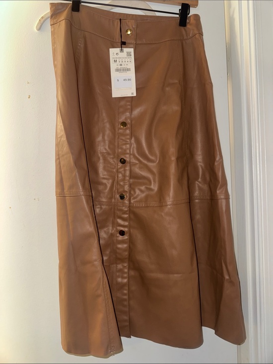 Zara Dresses & Skirts - Zara Tan Faux Leather Button-Front Midi Skirt